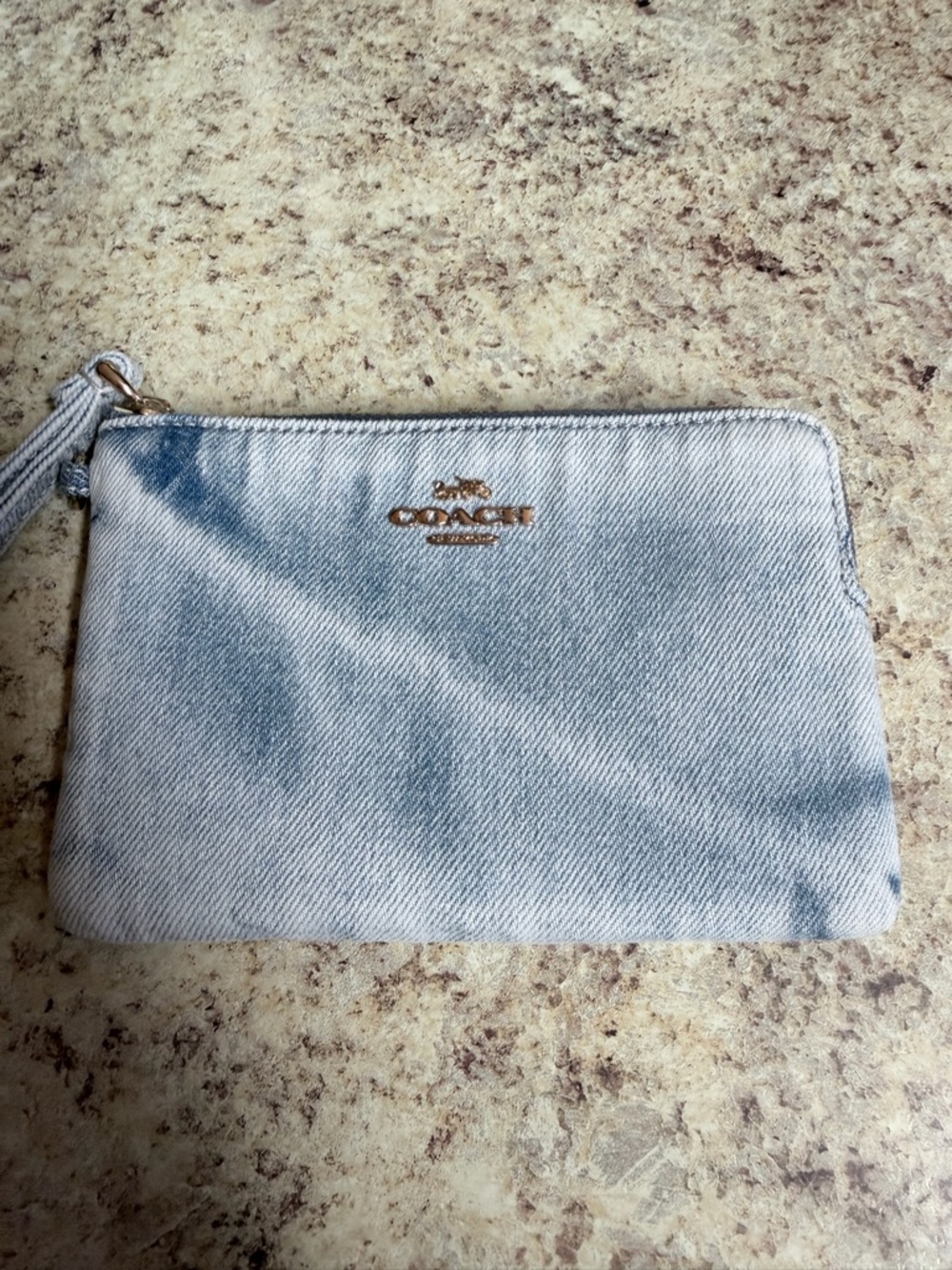 Coach Light Blue Denim Wristlet with Gold Accent